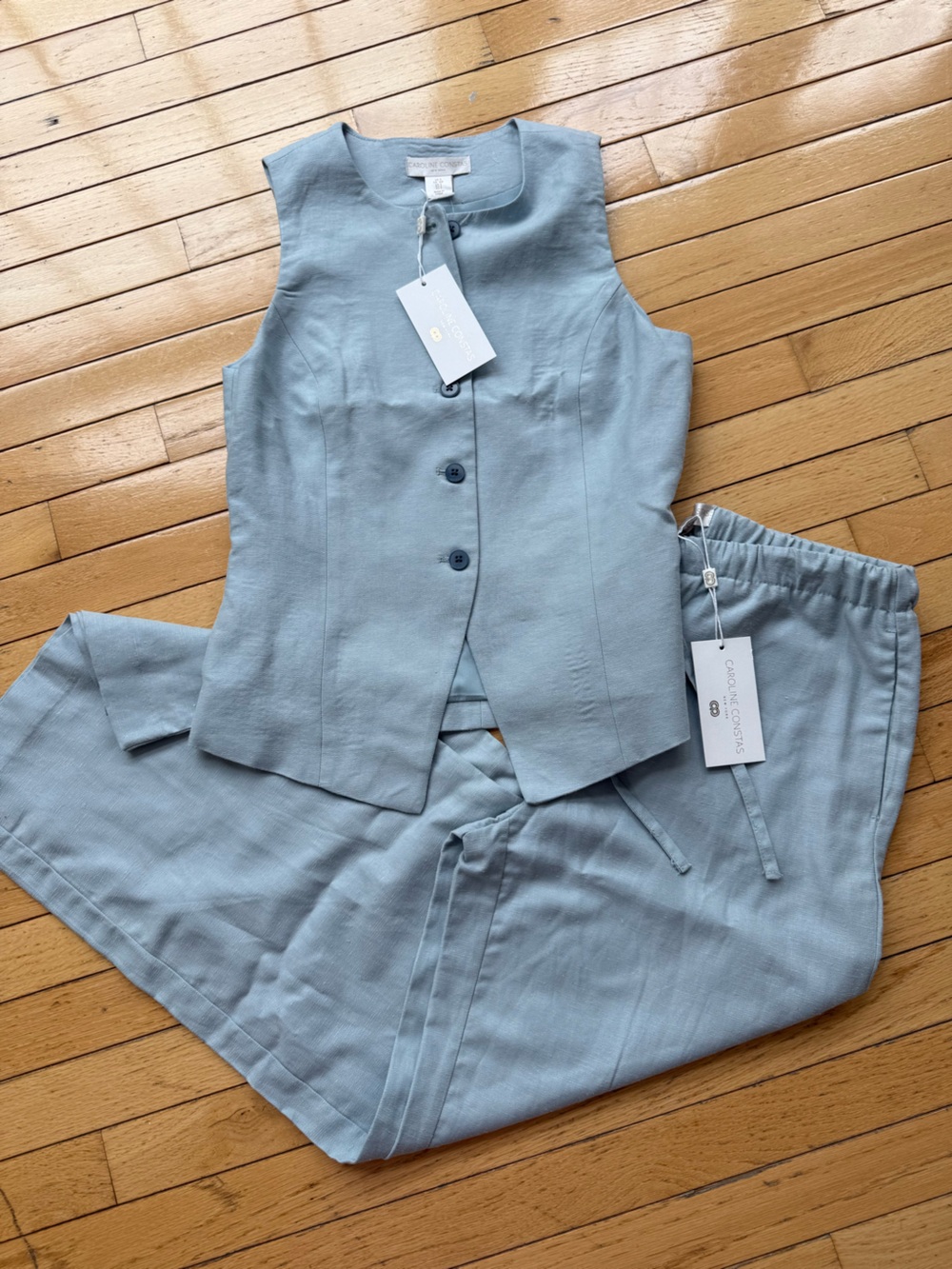 Caroline Constas Light Blue Sleeveless Linen Pantsuit top Set